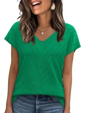 Women's Green Trendy Summer Tops Sweater Pullover V-Neck Pull On Short Sleeve